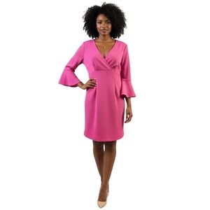 Trina Turk Pink Dress Size 10 Womens Flare‎ Sleeve V Neck Career Barbiecore